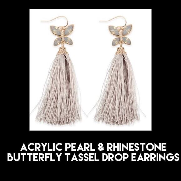 Influence Acrylic Pearl & Rhinestone Beaded Butterfly Tassel Earrings - Picture 1 of 7